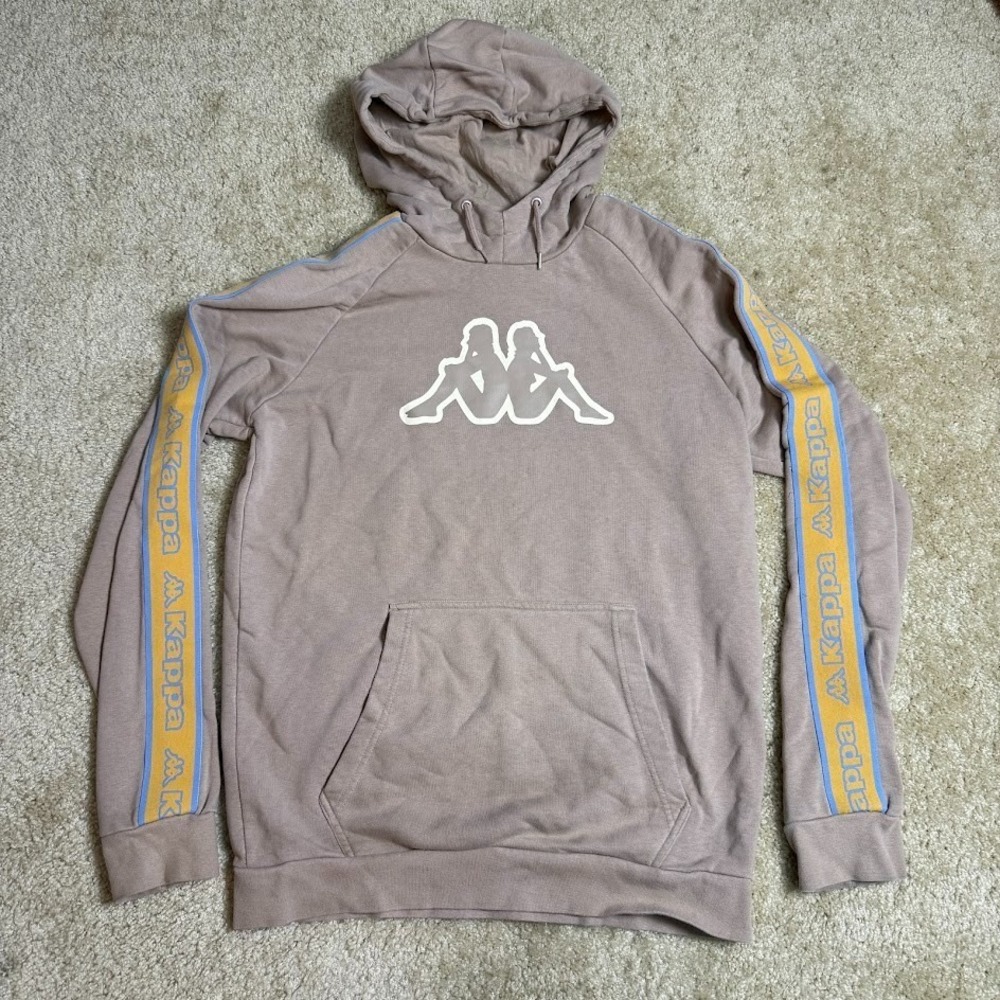 Kappa Hoodie Mens XL Beige Logo Tape Sleeve Pullover Athleisure Sweatshirt
